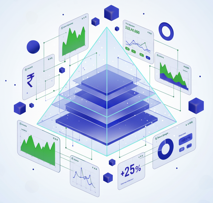 Modern abstract fintech illustration showing digital wealth management concepts with Indian professionals using mobile devices, featuring gradient colors in blue and purple tones, professional photography style