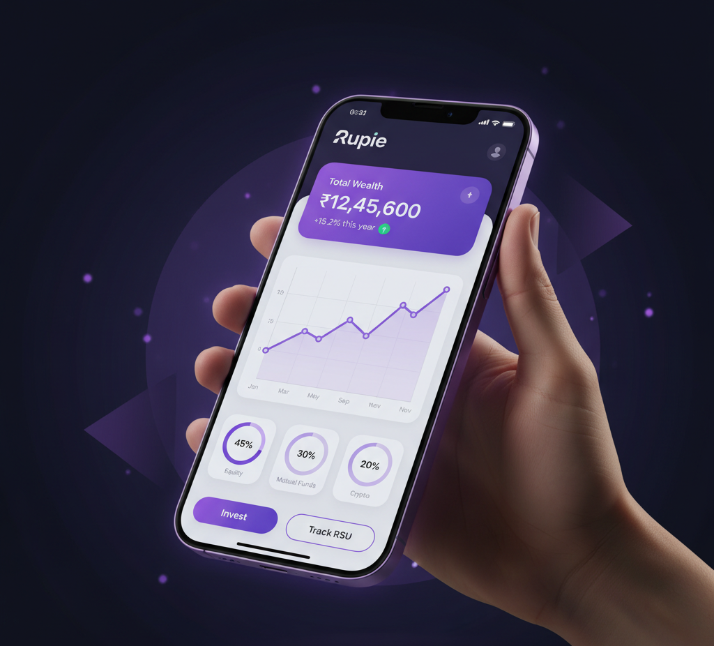 Sleek mobile app interface mockup showing a financial dashboard with charts and equity tracking features, modern UI design with clean typography, gradient accents in blue and teal, professional product photography